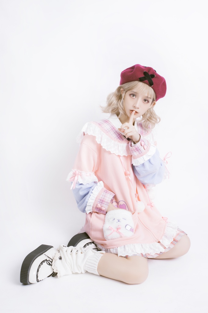 Jillpunkオリジナルアニメファンタジー風船ガムうさぎ兎耳セーラー水兵服タータン柄フリルポンポン付きゆったり長袖ジャケット レディー V系 おしゃれファッション可愛い秋葉系萌え二次コン姫系森系ロリータ