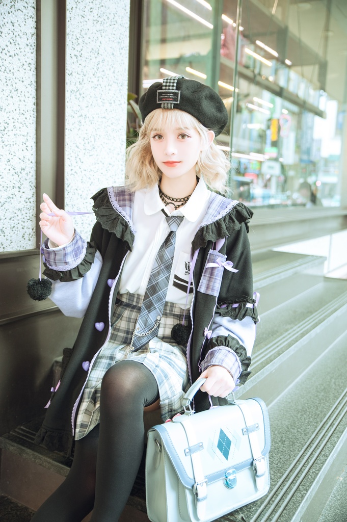 Jillpunkオリジナルアニメファンタジー風船ガムうさぎ兎耳セーラー水兵服タータン柄フリルポンポン付きゆったり長袖ジャケット レディー V系 おしゃれファッション可愛い秋葉系萌え二次コン姫系森系ロリータ