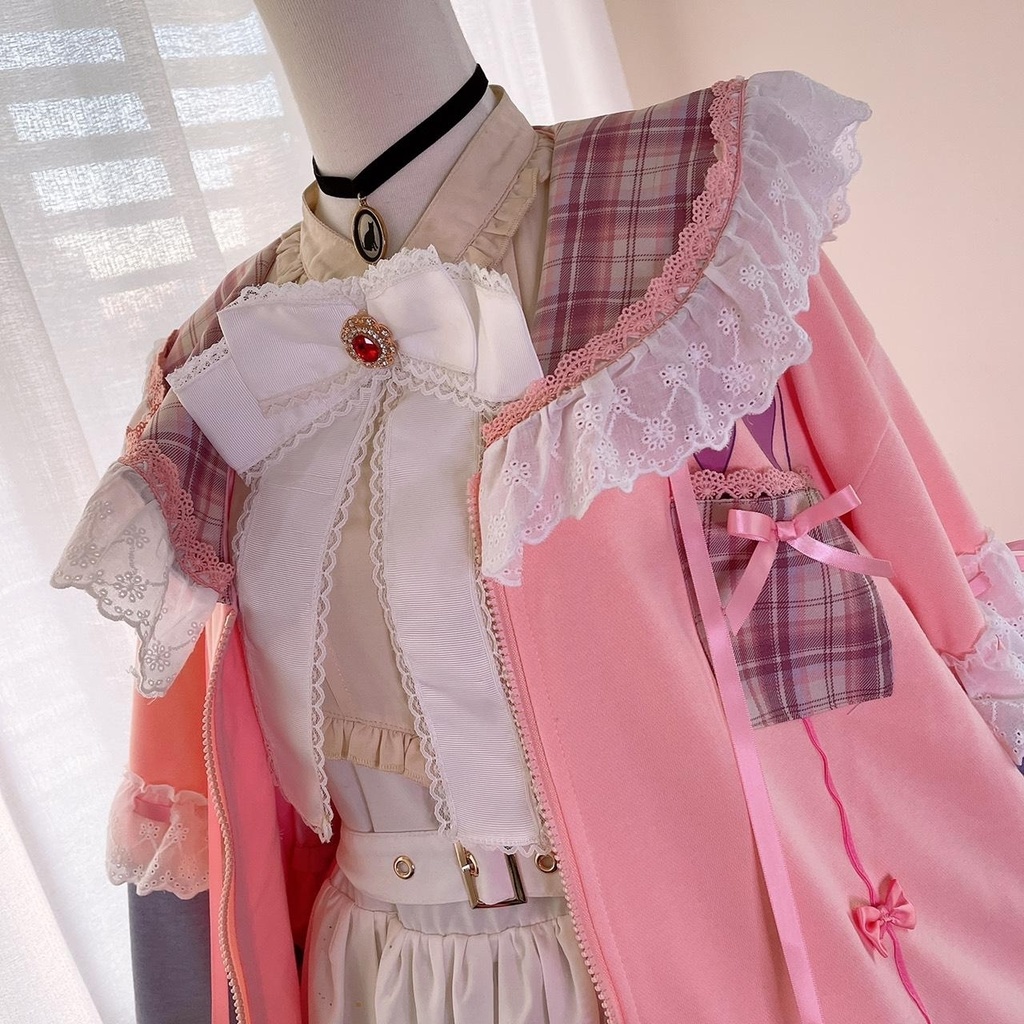 Jillpunkオリジナルアニメファンタジー風船ガムうさぎ兎耳セーラー水兵服タータン柄フリルポンポン付きゆったり長袖ジャケット レディー V系 おしゃれファッション可愛い秋葉系萌え二次コン姫系森系ロリータ