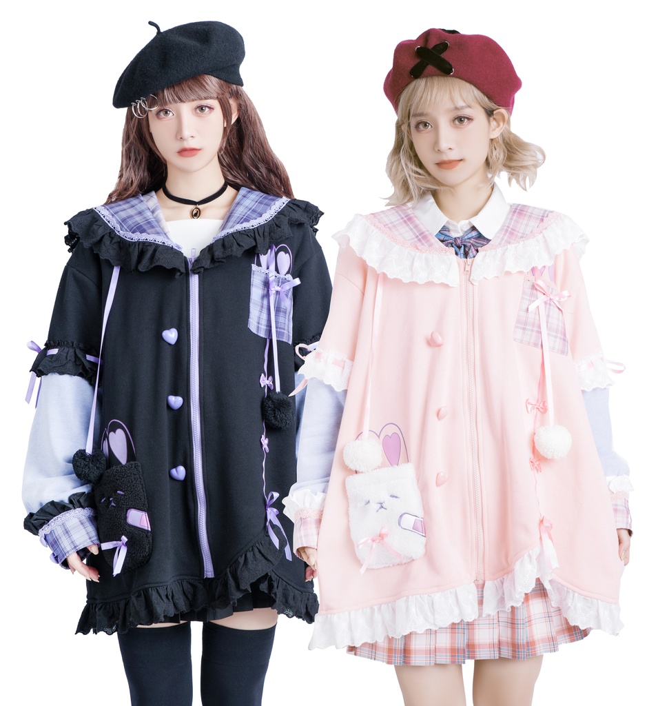 Jillpunkオリジナルアニメファンタジー風船ガムうさぎ兎耳セーラー水兵服タータン柄フリルポンポン付きゆったり長袖ジャケット レディー V系 おしゃれファッション可愛い秋葉系萌え二次コン姫系森系ロリータ