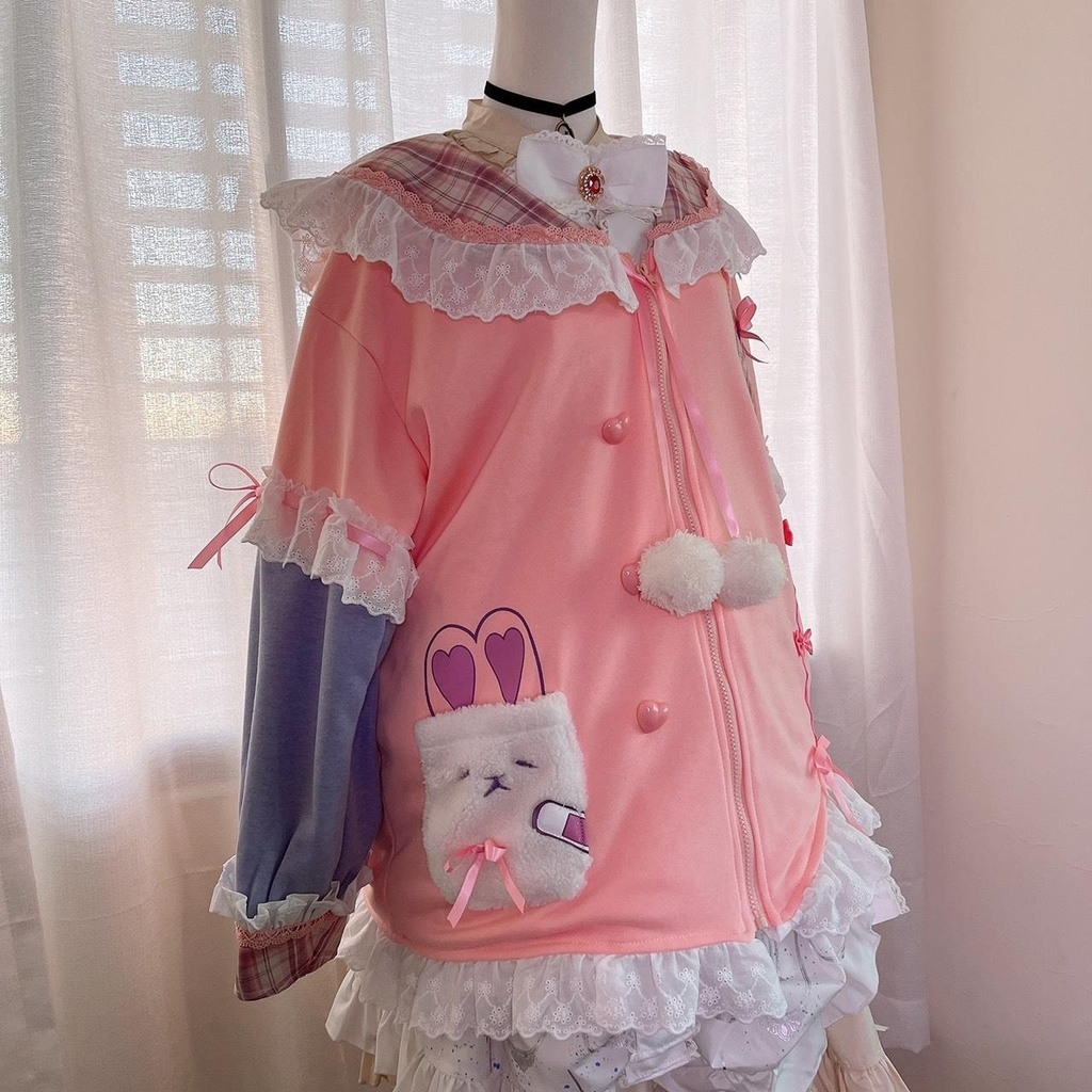 Jillpunkオリジナルアニメファンタジー風船ガムうさぎ兎耳セーラー水兵服タータン柄フリルポンポン付きゆったり長袖ジャケット レディー V系 おしゃれファッション可愛い秋葉系萌え二次コン姫系森系ロリータ