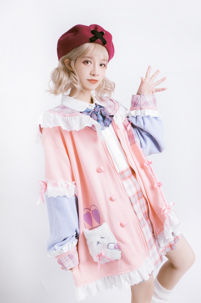 Jillpunkオリジナルアニメファンタジー風船ガムうさぎ兎耳セーラー水兵服タータン柄フリルポンポン付きゆったり長袖ジャケット レディー V系 おしゃれファッション可愛い秋葉系萌え二次コン姫系森系ロリータ
