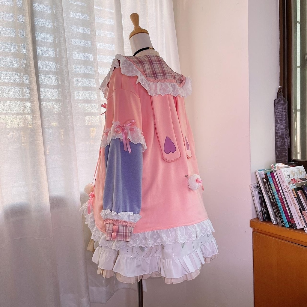 Jillpunkオリジナルアニメファンタジー風船ガムうさぎ兎耳セーラー水兵服タータン柄フリルポンポン付きゆったり長袖ジャケット レディー V系 おしゃれファッション可愛い秋葉系萌え二次コン姫系森系ロリータ