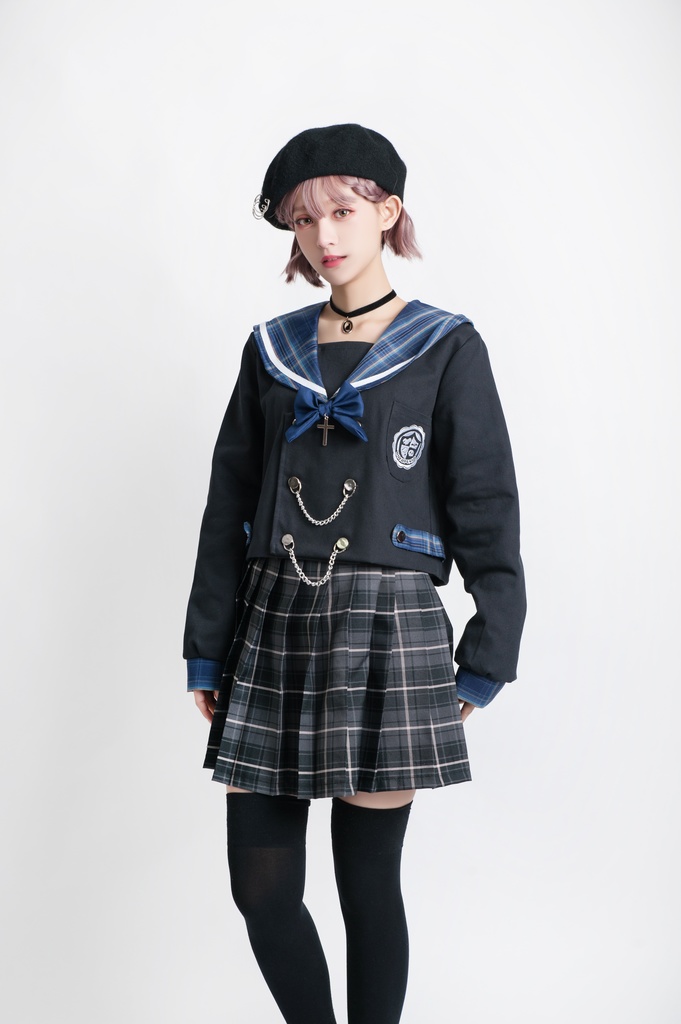 JillpunkオリジナルROCOPUNKO貴族学院ダブルブレストボタンチェーンネックタイ付きクロップドセーラー水兵服 制服COSPLAYレディースV系 姫系森系ロリータ おしゃれ可愛い萌え