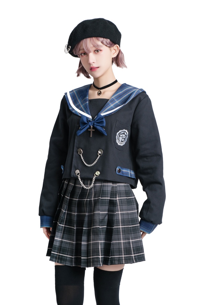 JillpunkオリジナルROCOPUNKO貴族学院ダブルブレストボタンチェーンネックタイ付きクロップドセーラー水兵服 制服COSPLAYレディースV系 姫系森系ロリータ おしゃれ可愛い萌え