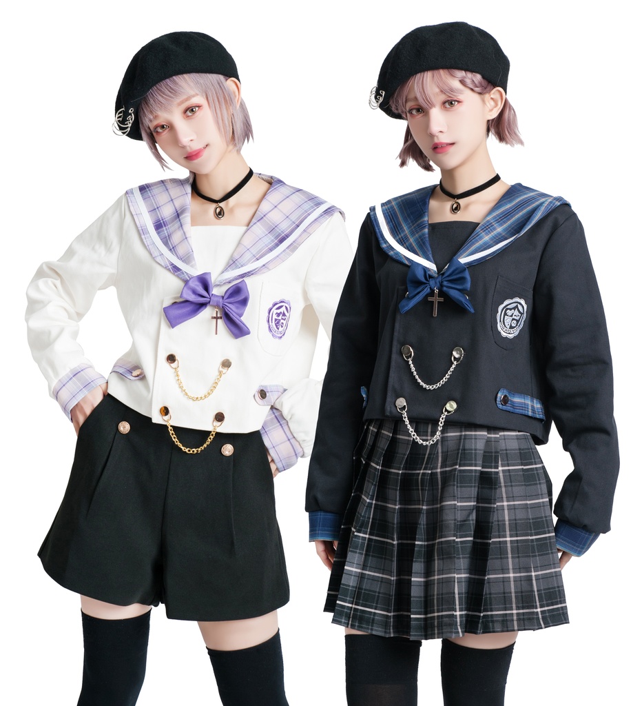 JillpunkオリジナルROCOPUNKO貴族学院ダブルブレストボタンチェーンネックタイ付きクロップドセーラー水兵服 制服COSPLAYレディースV系 姫系森系ロリータ おしゃれ可愛い萌え