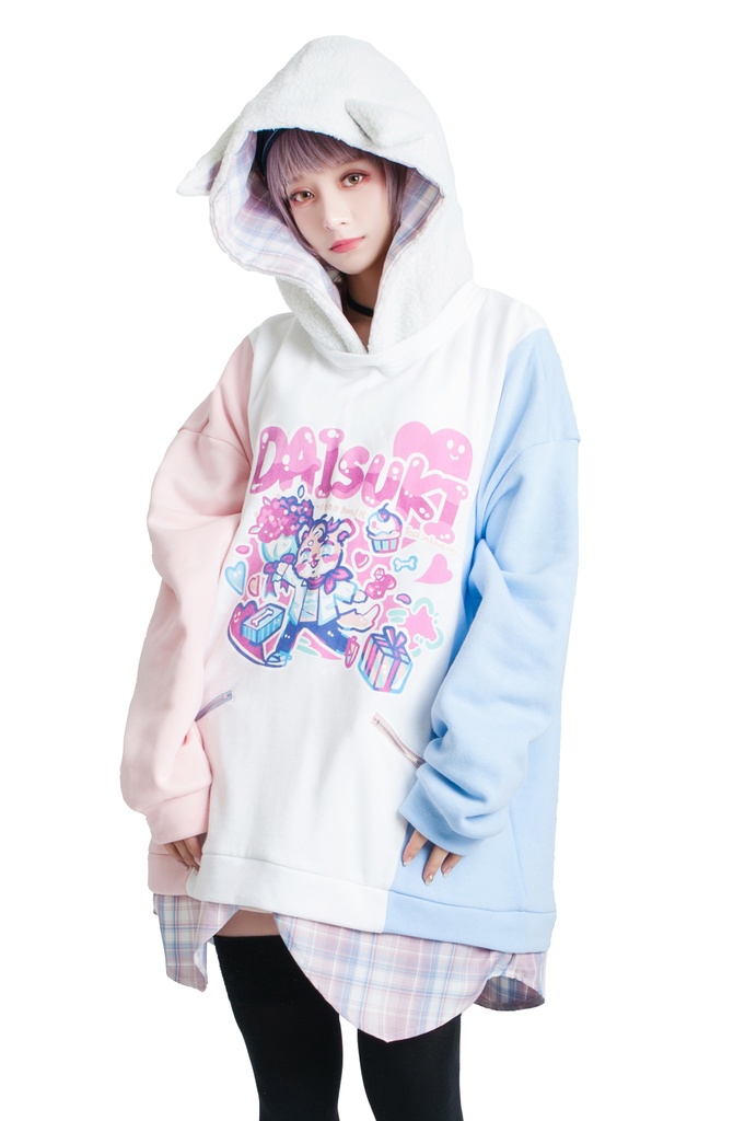 Jillpunkオリジナルお宅可愛い不良高校 独身愛玩犬イヌ耳タータン裏地裏起毛レイヤードゆったりパーカーメンズ レディー V系 おしゃれ大きいサイズ男女兼用ファッション秋葉系萌え犬系