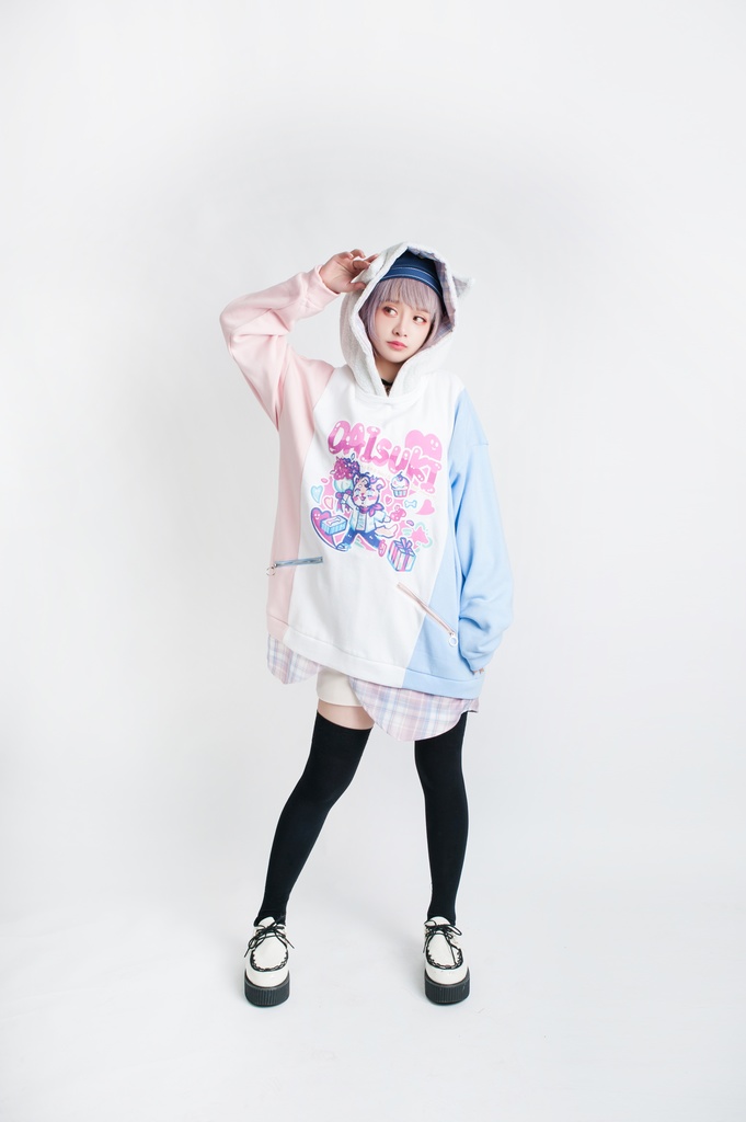 Jillpunkオリジナルお宅可愛い不良高校 独身愛玩犬イヌ耳タータン裏地裏起毛レイヤードゆったりパーカーメンズ レディー V系 おしゃれ大きいサイズ男女兼用ファッション秋葉系萌え犬系