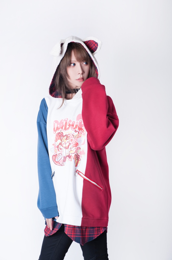 Jillpunkオリジナルお宅可愛い不良高校 独身愛玩犬イヌ耳タータン裏地裏起毛レイヤードゆったりパーカーメンズ レディー V系 おしゃれ大きいサイズ男女兼用ファッション秋葉系萌え犬系