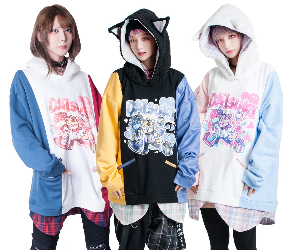 Jillpunkオリジナルお宅可愛い不良高校 独身愛玩犬イヌ耳タータン裏地裏起毛レイヤードゆったりパーカーメンズ レディー V系 おしゃれ大きいサイズ男女兼用ファッション秋葉系萌え犬系