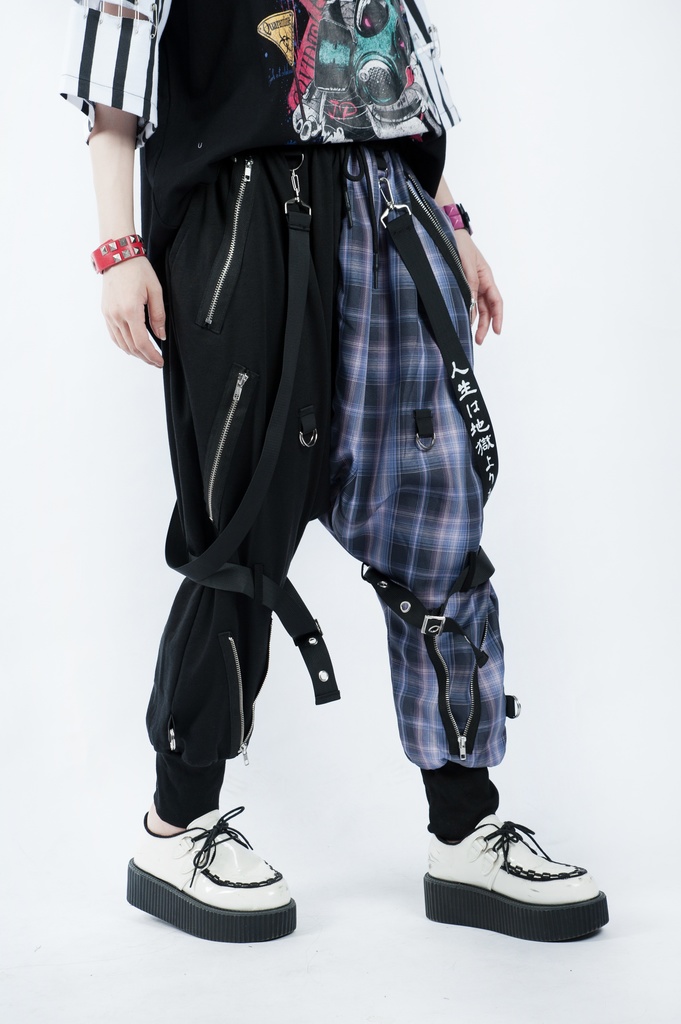 JillpunkオリジナルKERA 芥川龍之介見て地獄漢字書道ゆったりサルエル サスペンダー付きハーレムパンツズボン ファッションおしゃれパンクメンズ レディースV系秋葉系