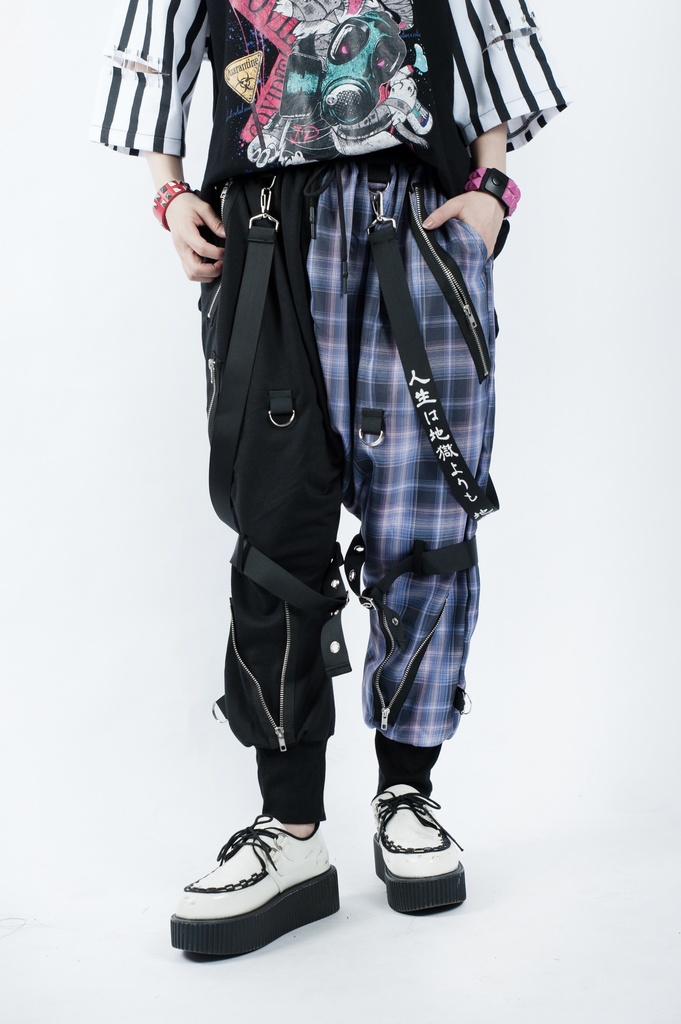 JillpunkオリジナルKERA 芥川龍之介見て地獄漢字書道ゆったりサルエル サスペンダー付きハーレムパンツズボン ファッションおしゃれパンクメンズ レディースV系秋葉系