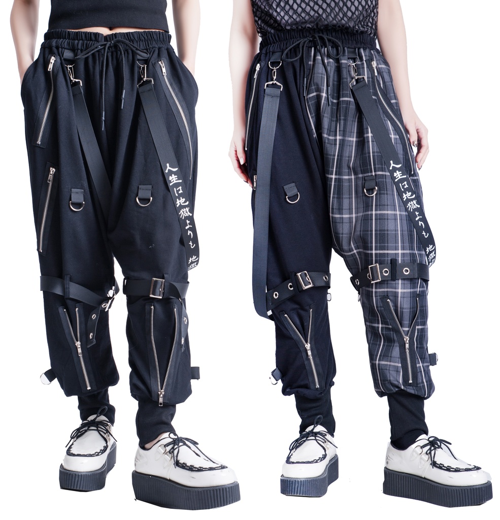 JillpunkオリジナルKERA 芥川龍之介見て地獄漢字書道ゆったりサルエル サスペンダー付きハーレムパンツズボン ファッションおしゃれパンクメンズ レディースV系秋葉系