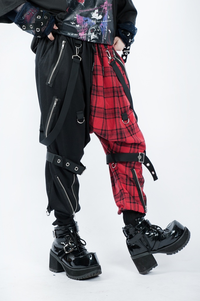 JillpunkオリジナルKERA 芥川龍之介見て地獄漢字書道ゆったりサルエル サスペンダー付きハーレムパンツズボン ファッションおしゃれパンクメンズ レディースV系秋葉系