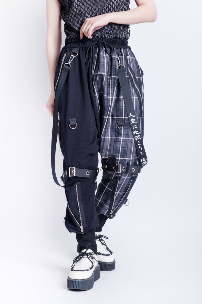 JillpunkオリジナルKERA 芥川龍之介見て地獄漢字書道ゆったりサルエル サスペンダー付きハーレムパンツズボン ファッションおしゃれパンクメンズ レディースV系秋葉系