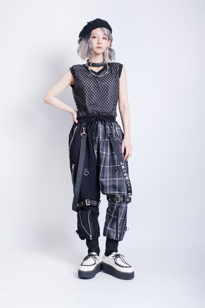 JillpunkオリジナルKERA 芥川龍之介見て地獄漢字書道ゆったりサルエル サスペンダー付きハーレムパンツズボン ファッションおしゃれパンクメンズ レディースV系秋葉系