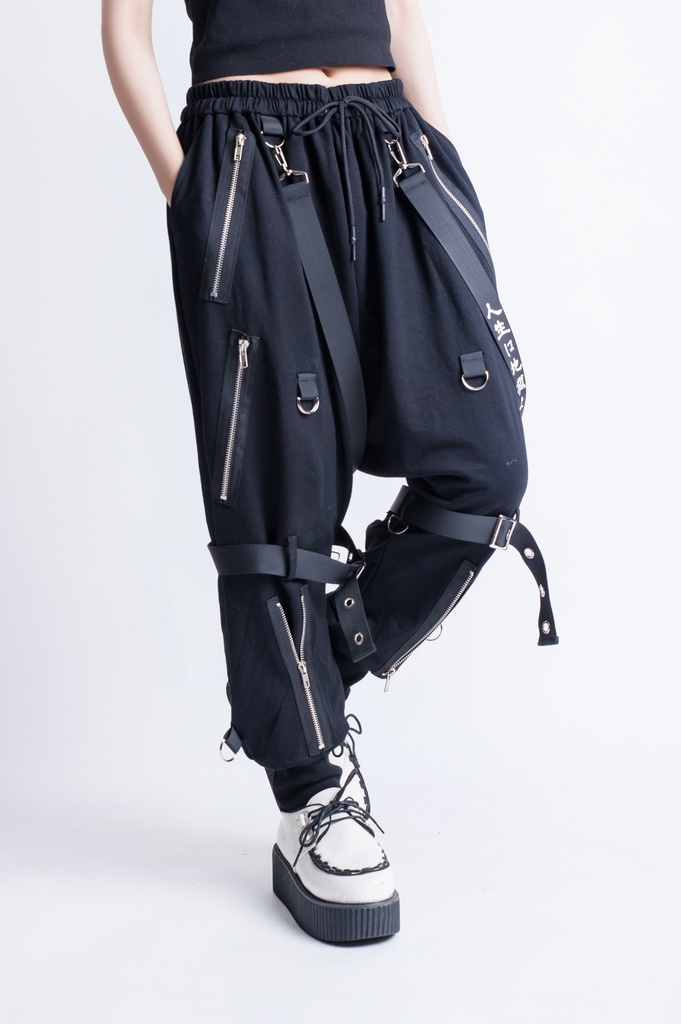 JillpunkオリジナルKERA 芥川龍之介見て地獄漢字書道ゆったりサルエル サスペンダー付きハーレムパンツズボン ファッションおしゃれパンクメンズ レディースV系秋葉系