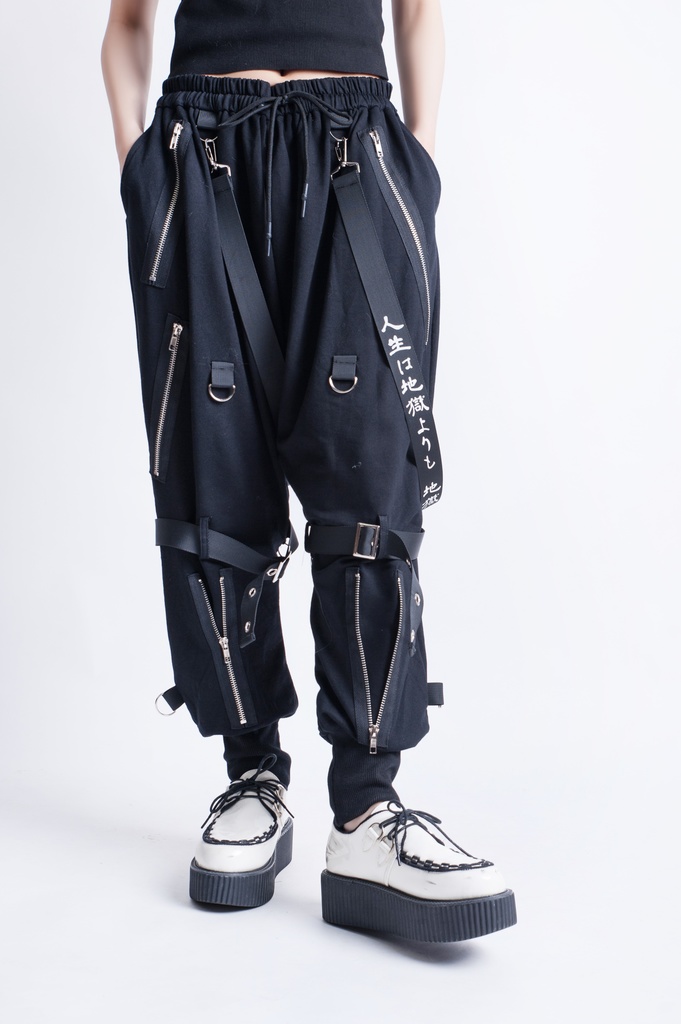 JillpunkオリジナルKERA 芥川龍之介見て地獄漢字書道ゆったりサルエル サスペンダー付きハーレムパンツズボン ファッションおしゃれパンクメンズ レディースV系秋葉系