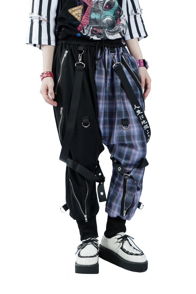 JillpunkオリジナルKERA 芥川龍之介見て地獄漢字書道ゆったりサルエル サスペンダー付きハーレムパンツズボン ファッションおしゃれパンクメンズ レディースV系秋葉系