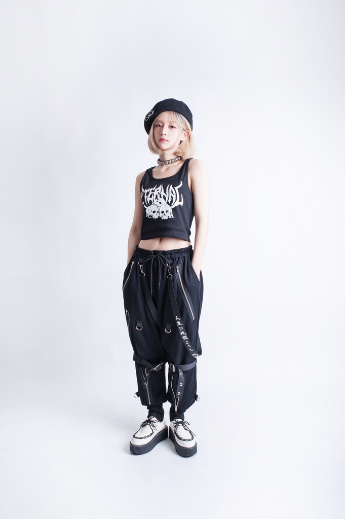 JillpunkオリジナルKERA 芥川龍之介見て地獄漢字書道ゆったりサルエル サスペンダー付きハーレムパンツズボン ファッションおしゃれパンクメンズ レディースV系秋葉系