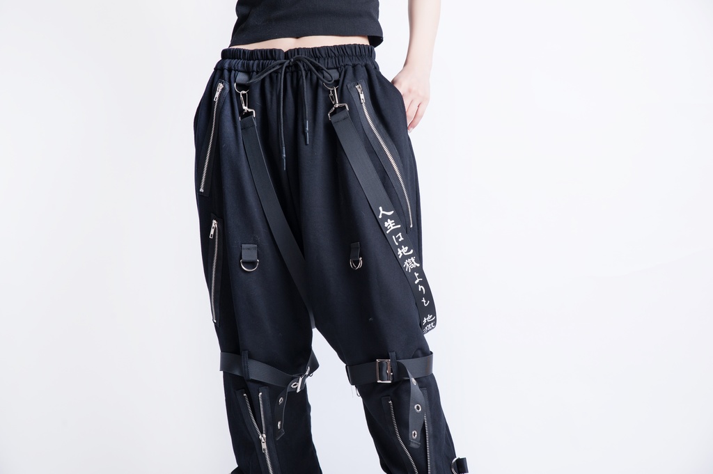 JillpunkオリジナルKERA 芥川龍之介見て地獄漢字書道ゆったりサルエル サスペンダー付きハーレムパンツズボン ファッションおしゃれパンクメンズ レディースV系秋葉系