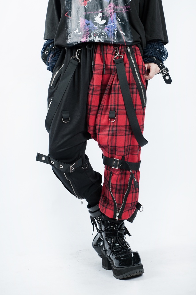 JillpunkオリジナルKERA 芥川龍之介見て地獄漢字書道ゆったりサルエル サスペンダー付きハーレムパンツズボン ファッションおしゃれパンクメンズ レディースV系秋葉系