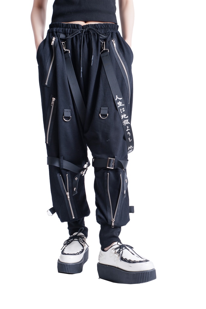 JillpunkオリジナルKERA 芥川龍之介見て地獄漢字書道ゆったりサルエル サスペンダー付きハーレムパンツズボン ファッションおしゃれパンクメンズ レディースV系秋葉系