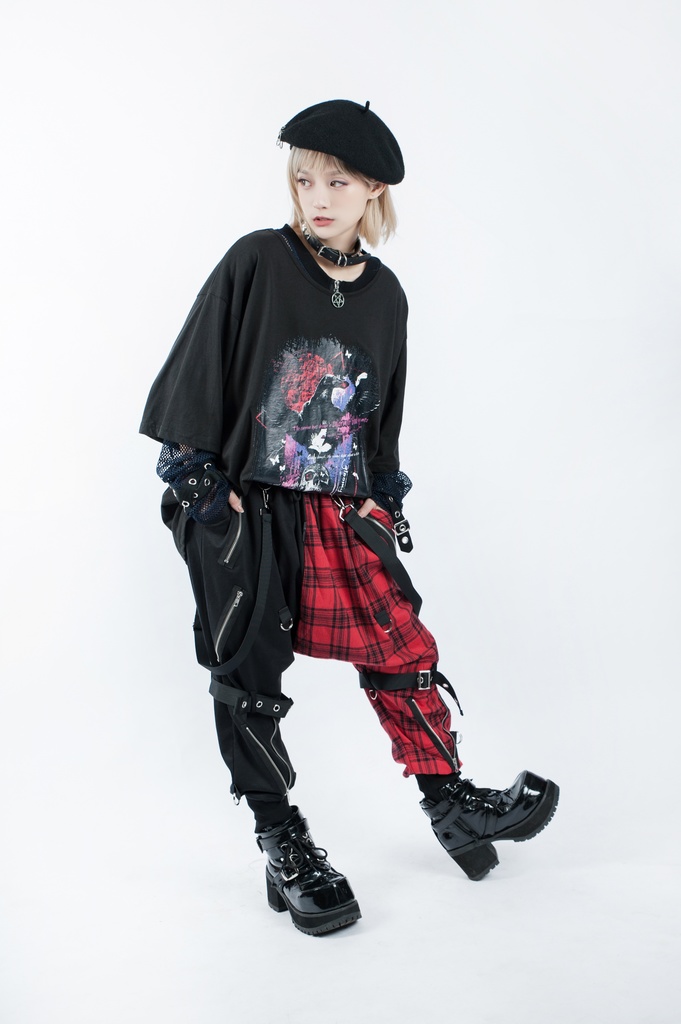 JillpunkオリジナルKERA 芥川龍之介見て地獄漢字書道ゆったりサルエル サスペンダー付きハーレムパンツズボン ファッションおしゃれパンクメンズ レディースV系秋葉系