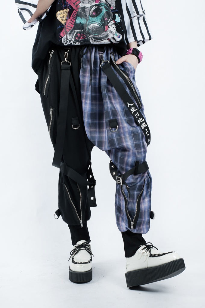 JillpunkオリジナルKERA 芥川龍之介見て地獄漢字書道ゆったりサルエル サスペンダー付きハーレムパンツズボン ファッションおしゃれパンクメンズ レディースV系秋葉系