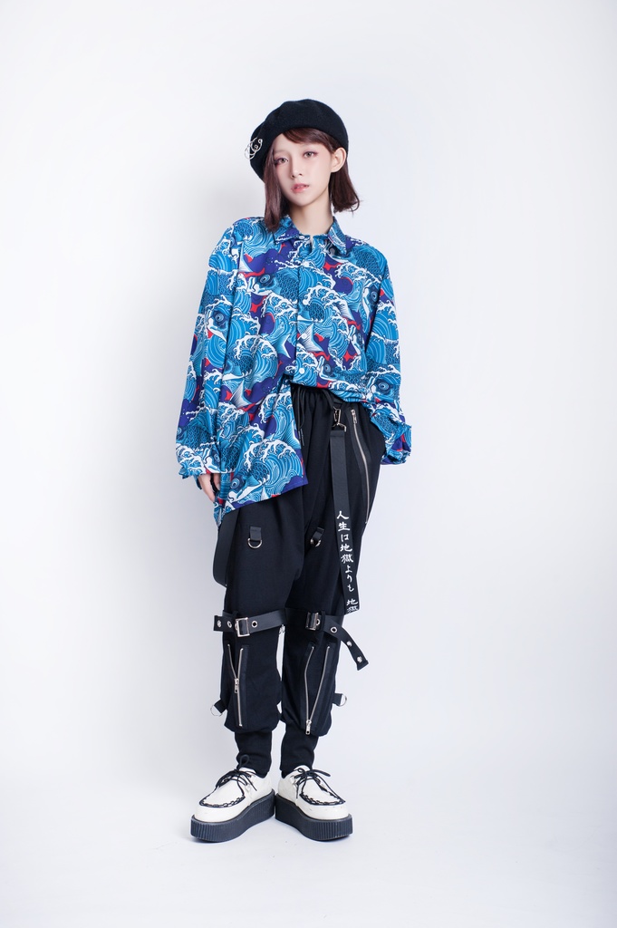 JillpunkオリジナルKERA 芥川龍之介見て地獄漢字書道ゆったりサルエル サスペンダー付きハーレムパンツズボン ファッションおしゃれパンクメンズ レディースV系秋葉系