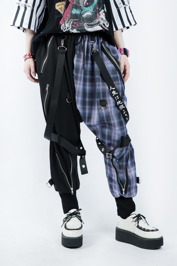 JillpunkオリジナルKERA 芥川龍之介見て地獄漢字書道ゆったりサルエル サスペンダー付きハーレムパンツズボン ファッションおしゃれパンクメンズ レディースV系秋葉系