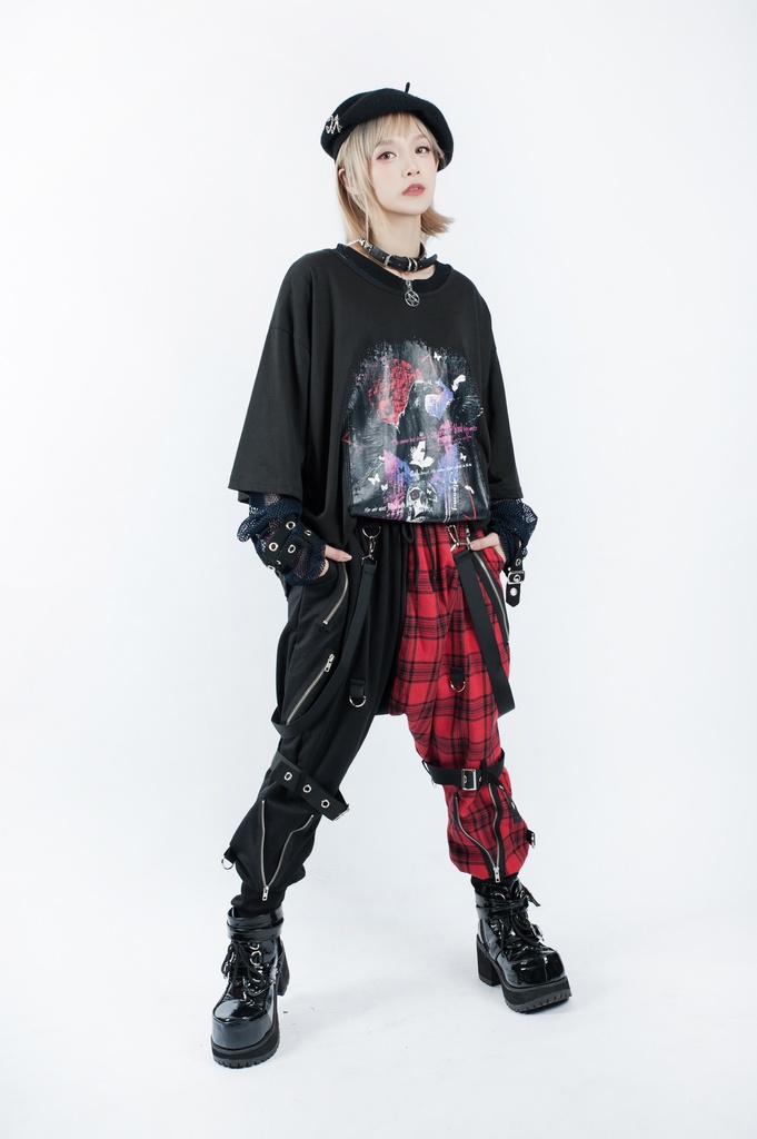 JillpunkオリジナルKERA 芥川龍之介見て地獄漢字書道ゆったりサルエル サスペンダー付きハーレムパンツズボン ファッションおしゃれパンクメンズ レディースV系秋葉系