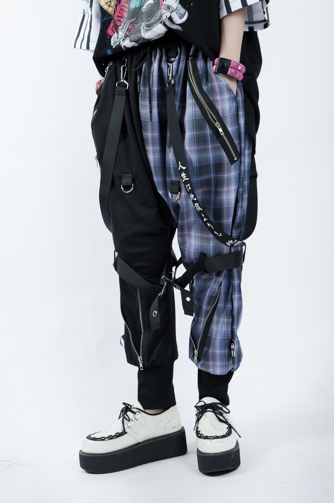 JillpunkオリジナルKERA 芥川龍之介見て地獄漢字書道ゆったりサルエル サスペンダー付きハーレムパンツズボン ファッションおしゃれパンクメンズ レディースV系秋葉系