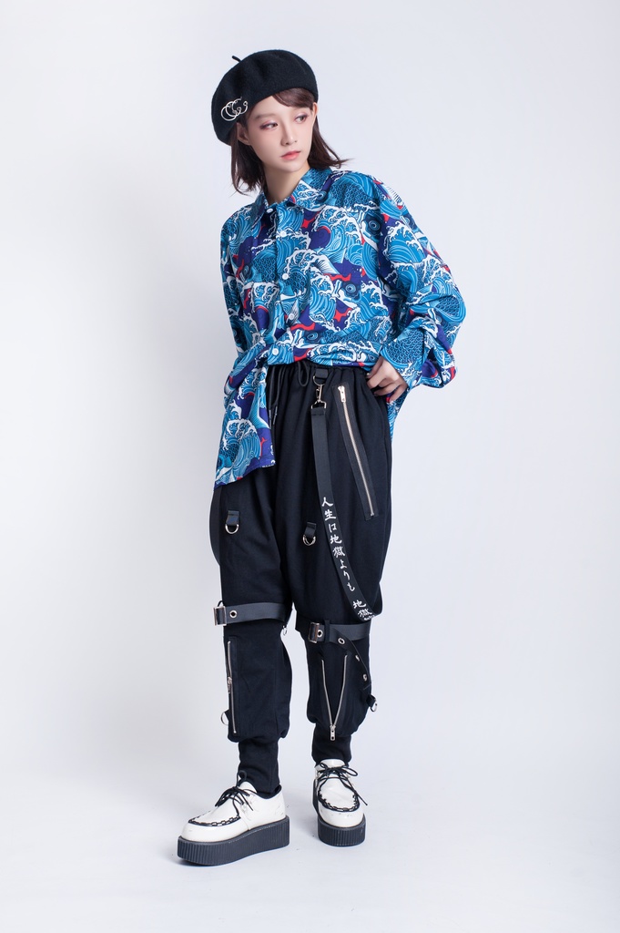 JillpunkオリジナルKERA 芥川龍之介見て地獄漢字書道ゆったりサルエル サスペンダー付きハーレムパンツズボン ファッションおしゃれパンクメンズ レディースV系秋葉系