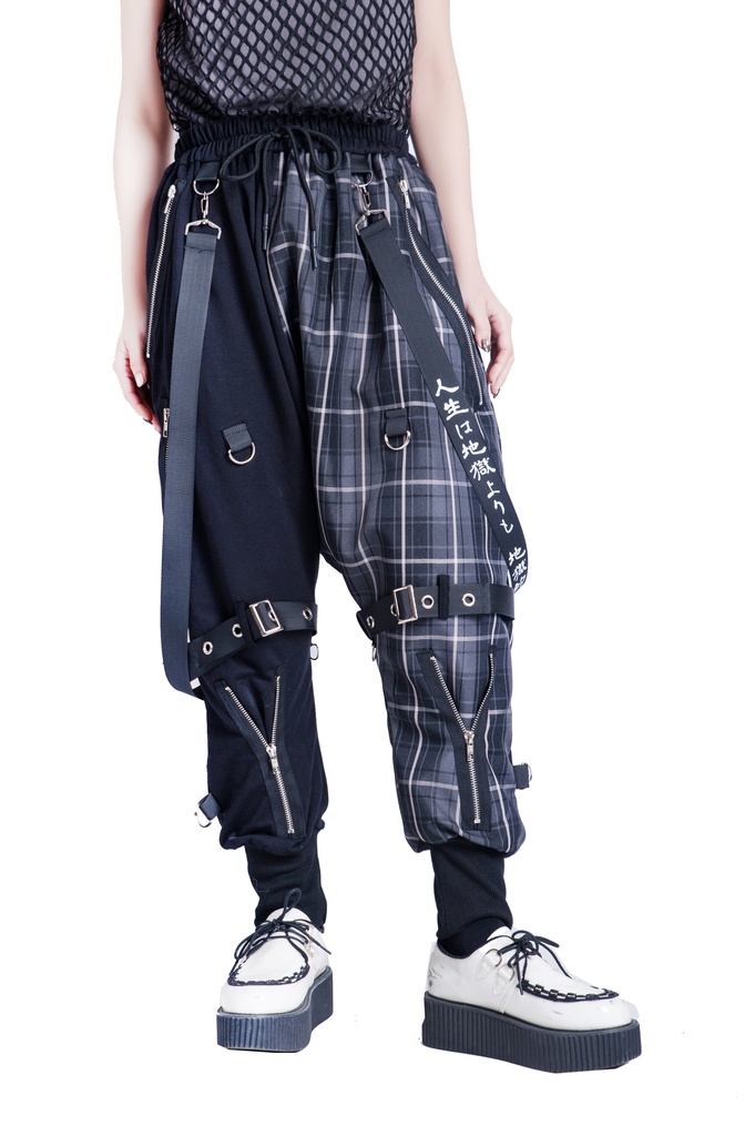 JillpunkオリジナルKERA 芥川龍之介見て地獄漢字書道ゆったりサルエル サスペンダー付きハーレムパンツズボン ファッションおしゃれパンクメンズ レディースV系秋葉系
