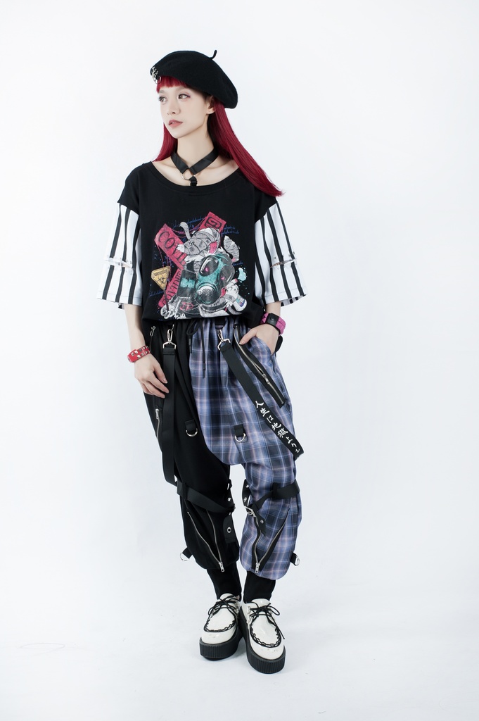 JillpunkオリジナルKERA 芥川龍之介見て地獄漢字書道ゆったりサルエル サスペンダー付きハーレムパンツズボン ファッションおしゃれパンクメンズ レディースV系秋葉系