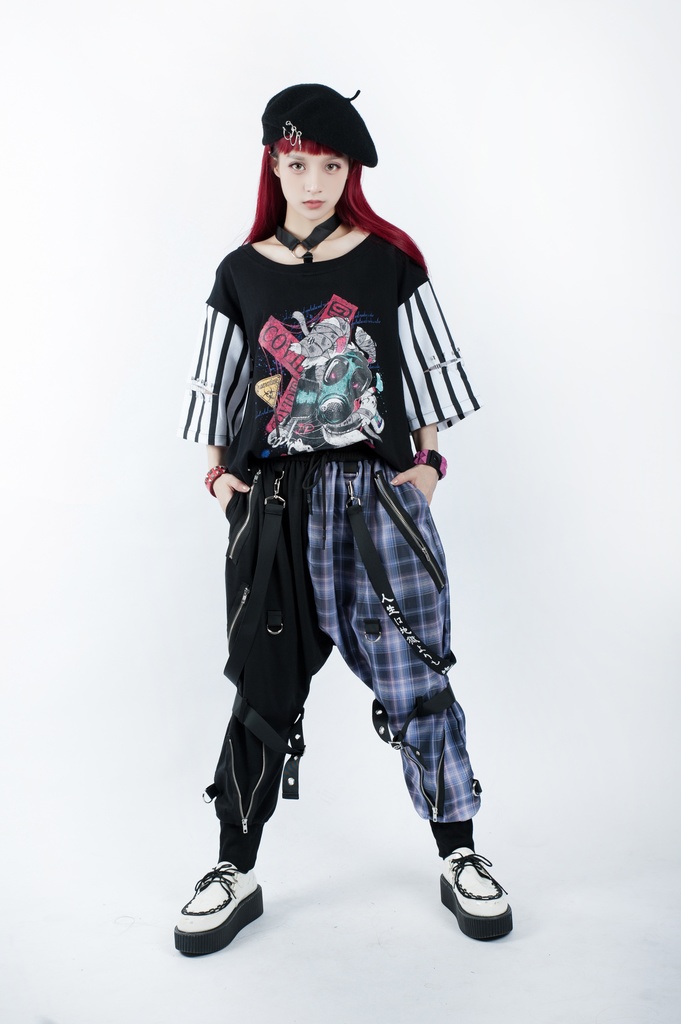 JillpunkオリジナルKERA 芥川龍之介見て地獄漢字書道ゆったりサルエル サスペンダー付きハーレムパンツズボン ファッションおしゃれパンクメンズ レディースV系秋葉系