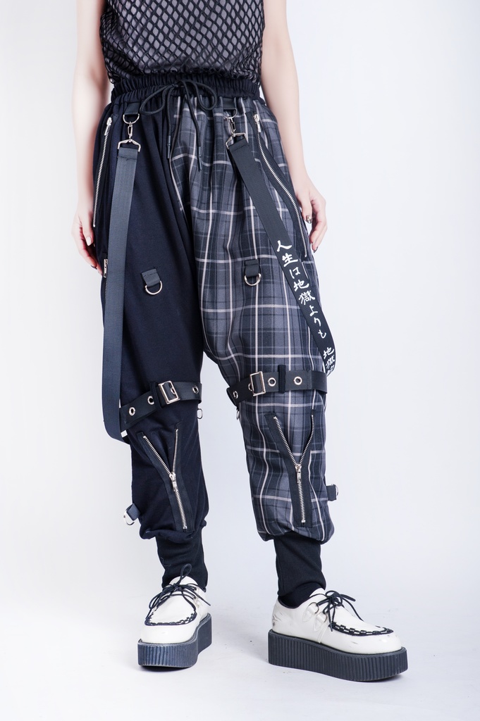 JillpunkオリジナルKERA 芥川龍之介見て地獄漢字書道ゆったりサルエル サスペンダー付きハーレムパンツズボン ファッションおしゃれパンクメンズ レディースV系秋葉系