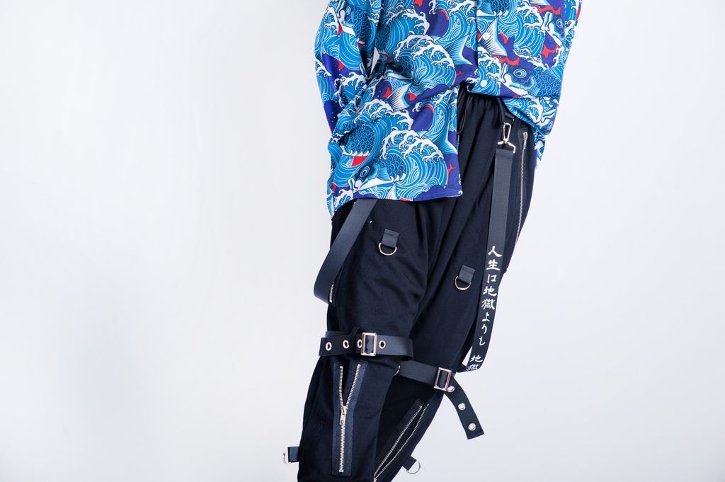 JillpunkオリジナルKERA 芥川龍之介見て地獄漢字書道ゆったりサルエル サスペンダー付きハーレムパンツズボン ファッションおしゃれパンクメンズ レディースV系秋葉系