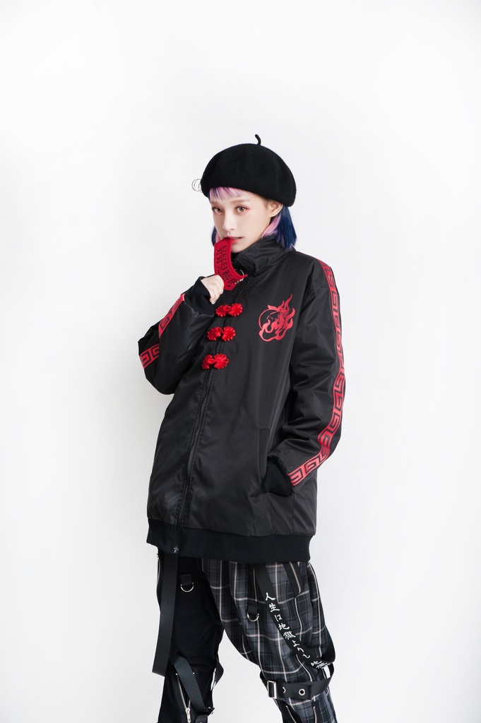 Jillpunkオリジナル原宿秋葉地雷系アニメKUUAコラボ 好好睡チャイナ漢字中華風ゆったりキルティング裏地タートルネックウィンドウブレーカージャケット メンズ レディー V系 おしゃれ大きいサイズ男女兼用ファッションカッコいい