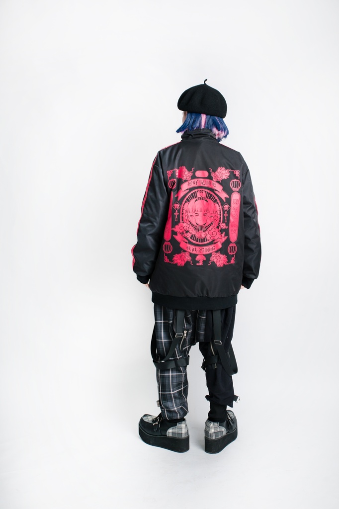 Jillpunkオリジナル原宿秋葉地雷系アニメKUUAコラボ 好好睡チャイナ漢字中華風ゆったりキルティング裏地タートルネックウィンドウブレーカージャケット メンズ レディー V系 おしゃれ大きいサイズ男女兼用ファッションカッコいい