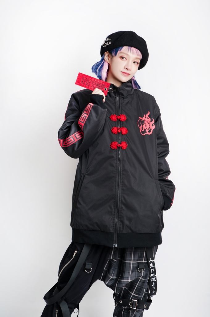 Jillpunkオリジナル原宿秋葉地雷系アニメKUUAコラボ 好好睡チャイナ漢字中華風ゆったりキルティング裏地タートルネックウィンドウブレーカージャケット メンズ レディー V系 おしゃれ大きいサイズ男女兼用ファッションカッコいい