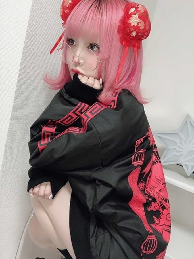 Jillpunkオリジナル原宿秋葉地雷系アニメKUUAコラボ 好好睡チャイナ漢字中華風ゆったりキルティング裏地タートルネックウィンドウブレーカージャケット メンズ レディー V系 おしゃれ大きいサイズ男女兼用ファッションカッコいい