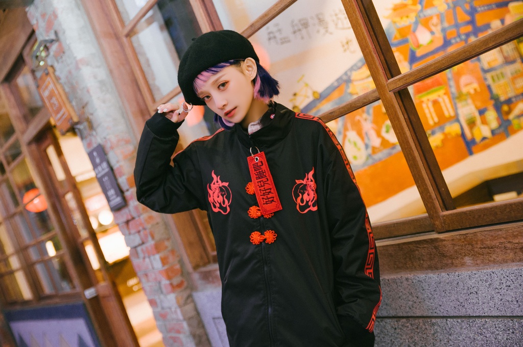 Jillpunkオリジナル原宿秋葉地雷系アニメKUUAコラボ 好好睡チャイナ漢字中華風ゆったりキルティング裏地タートルネックウィンドウブレーカージャケット メンズ レディー V系 おしゃれ大きいサイズ男女兼用ファッションカッコいい