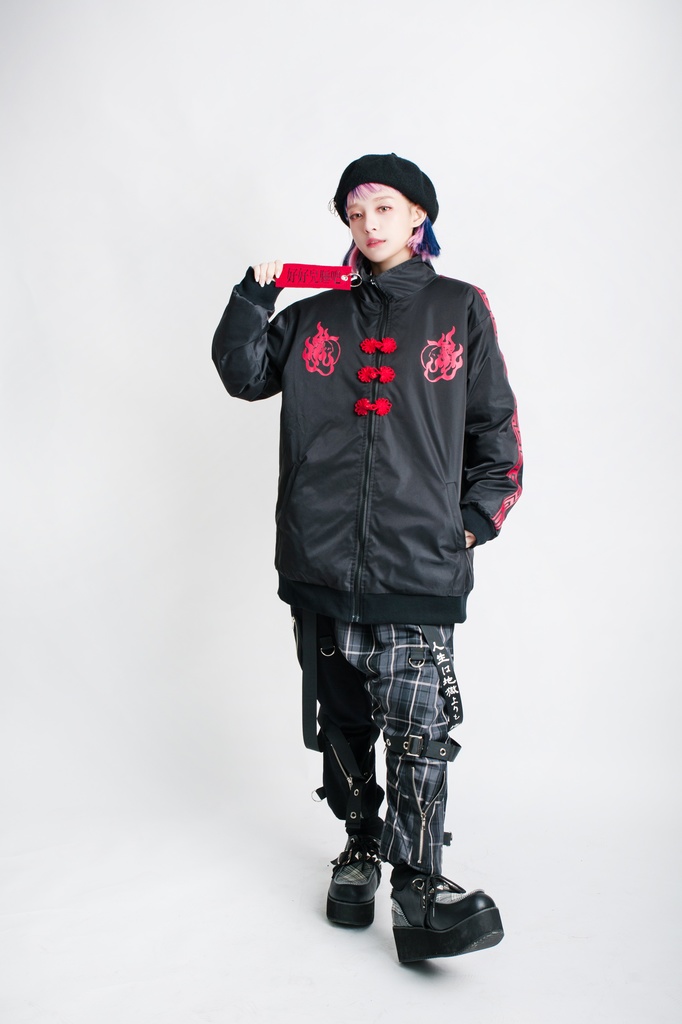 Jillpunkオリジナル原宿秋葉地雷系アニメKUUAコラボ 好好睡チャイナ漢字中華風ゆったりキルティング裏地タートルネックウィンドウブレーカージャケット メンズ レディー V系 おしゃれ大きいサイズ男女兼用ファッションカッコいい