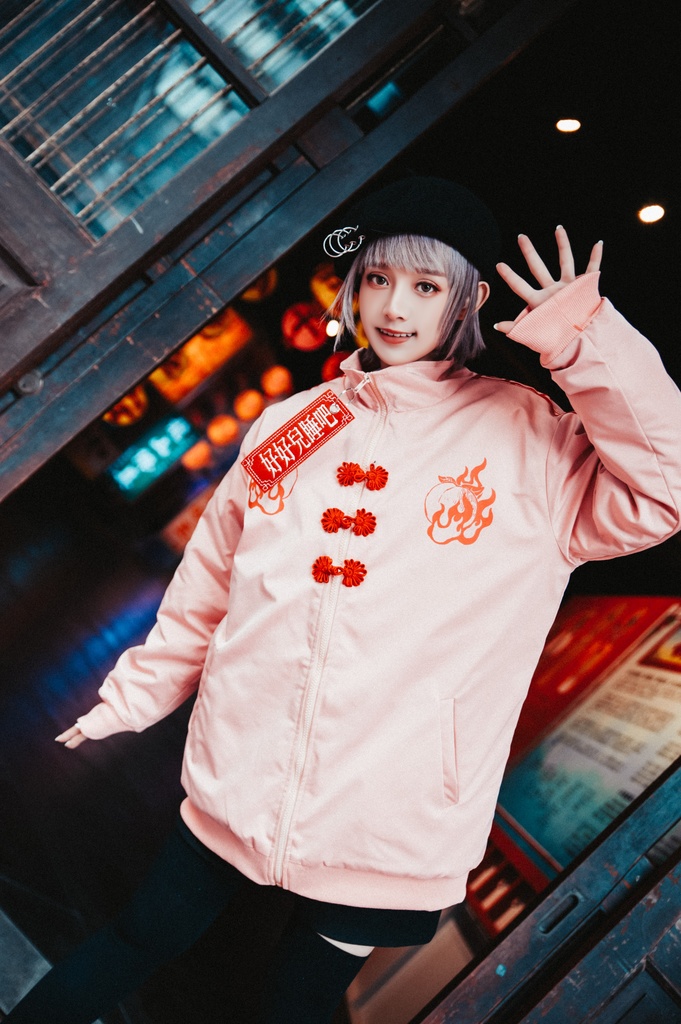 Jillpunkオリジナル原宿秋葉地雷系アニメKUUAコラボ 好好睡チャイナ漢字中華風ゆったりキルティング裏地タートルネックウィンドウブレーカージャケット メンズ レディー V系 おしゃれ大きいサイズ男女兼用ファッションカッコいい