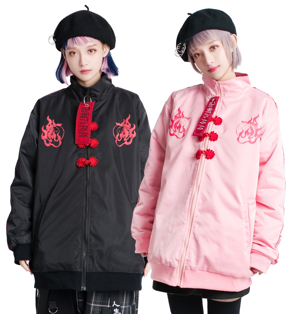 Jillpunkオリジナル原宿秋葉地雷系アニメKUUAコラボ 好好睡チャイナ漢字中華風ゆったりキルティング裏地タートルネックウィンドウブレーカージャケット メンズ レディー V系 おしゃれ大きいサイズ男女兼用ファッションカッコいい