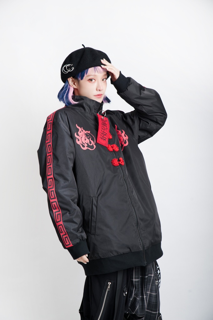 Jillpunkオリジナル原宿秋葉地雷系アニメKUUAコラボ 好好睡チャイナ漢字中華風ゆったりキルティング裏地タートルネックウィンドウブレーカージャケット メンズ レディー V系 おしゃれ大きいサイズ男女兼用ファッションカッコいい