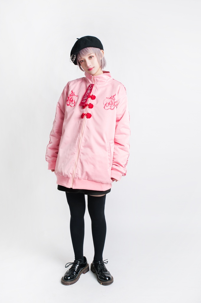 Jillpunkオリジナル原宿秋葉地雷系アニメKUUAコラボ 好好睡チャイナ漢字中華風ゆったりキルティング裏地タートルネックウィンドウブレーカージャケット メンズ レディー V系 おしゃれ大きいサイズ男女兼用ファッションカッコいい