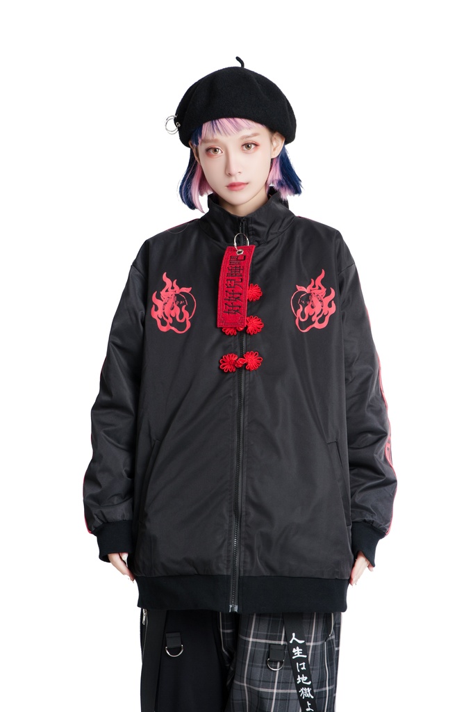 Jillpunkオリジナル原宿秋葉地雷系アニメKUUAコラボ 好好睡チャイナ漢字中華風ゆったりキルティング裏地タートルネックウィンドウブレーカージャケット メンズ レディー V系 おしゃれ大きいサイズ男女兼用ファッションカッコいい